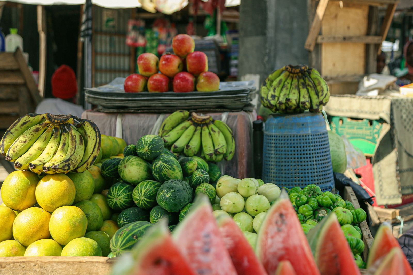 Colorful outdoor fruit market stall